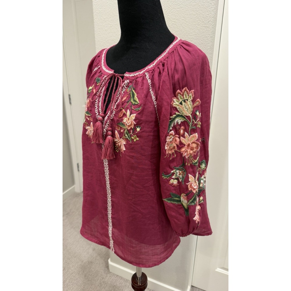 Sundance Shayda Red Lightweight Peasant Top w/floral embroidery & Tassels S - Picture 3 of 8